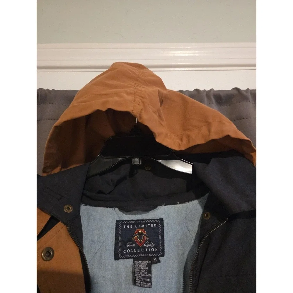The Limited Men Navy Blue Hooded Parka Jacket Tan Trim Utility Field Coat Medium